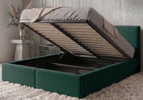 Interbeds Polsterbett 160x200 cm mit Bettkasten und Lattenrost – Stauraumbett Doppelbett in Grün Hydrophober Samtbezug Gepolstertes Bettgestell belastbar bis 300 kg ohne Matratze (Grün, 160x200)