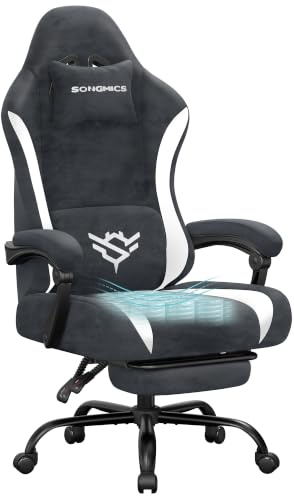 SONGMICS Gaming Stuhl, Ergonomischer Bürostuhl, PU, belastbar bis 150 KG | Mit Fußstütze und Lendenkissen, 135° Neigung, Dunkelgrau und Wolkenweiß, CATHY Kollektion OBG092GQ01