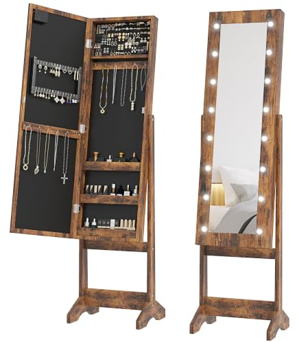 HOMCOM Armoire à Bijoux avec Miroir Multi-Rangements LED Brun Rustique | Armoire de Rangement sur Pieds, Boîte à Bijoux
