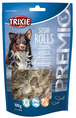 TRIXIE Hundeleckerli Premio Sushi mit Weißfisch, proteinreich – 100 g | Schmackhafter Snack für jeden Tag – glutenfrei, ohne Zuckerzusatz, ideal für zwischendurch, mit hohem Fleischanteil