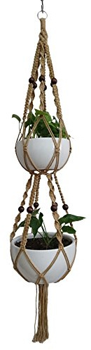 6 Legs Macrame Plant Hanger Natural Hemp Rope Plant Hangers with 12 pcs Round Wood Bead, 65-inches Length for 10 Pot (Without White Pot and Plant) (Brown)