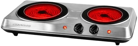 OVENTE Countertop Infrared Double Burner, 1700W Electric Hot Plate and Portable Stove with 7.75 and 6.75 Ceramic Glass Cooktop, 5 Level Temperature Setting and Easy to Clean Base, Silver BGI102S