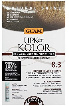 Guam, Upker KOLOR, Natürliche permanente Haarfarbe mit Undaria-Meeresalge und Bio-Extrakten, Ammoniakfreie Farbe, Made in Italy, Farbton 8.3 HELLGOLDENBLOND