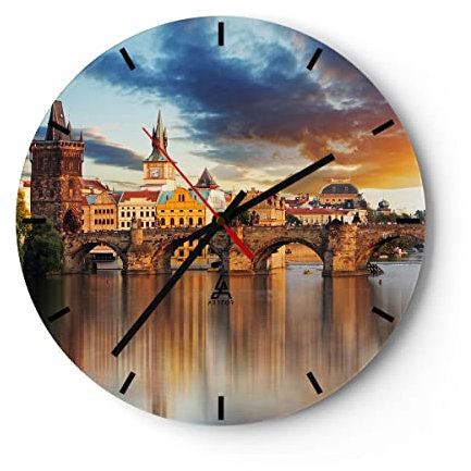 Modern Wanduhr Prag brücke Geschichte fluss 30x30cm Rund Klein Wand Uhr Glas Analog Zimmeruhren Küche Büro Wohnzimmer Glasuhr Wall Clock Dekoration Design Wanddekoration Küchenuhr C3AR30x30-2819