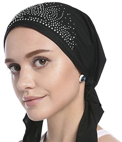 Chemo-Mütze für Damen, mit Kristallen, plissiert, dehnbar, Beanie, Bandana, Totenkopf, ethnische Kopfbedeckung, Kopftuch für Krebspatienten, Alopezie, Haarausfall, Schwarz , Einheitsgröße