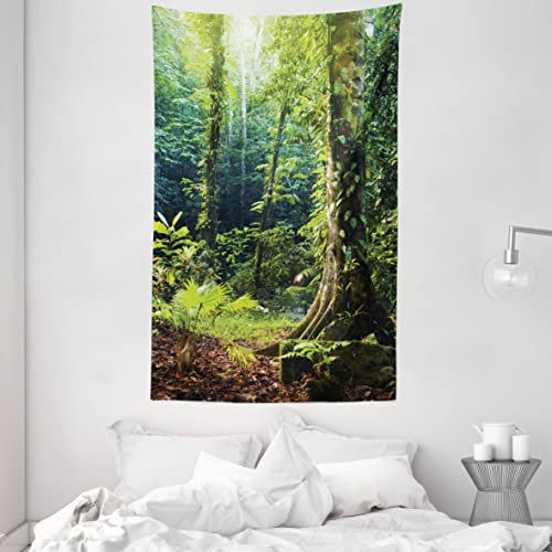 ABAKUHAUS Urwald Wandteppich und Tagesdecke, Wilder Efeu auf Bäume aus Weiches Mikrofaser Stoff Waschbar ohne Verblassen Digitaldruck, 140 x 230 cm, Grün Braun
