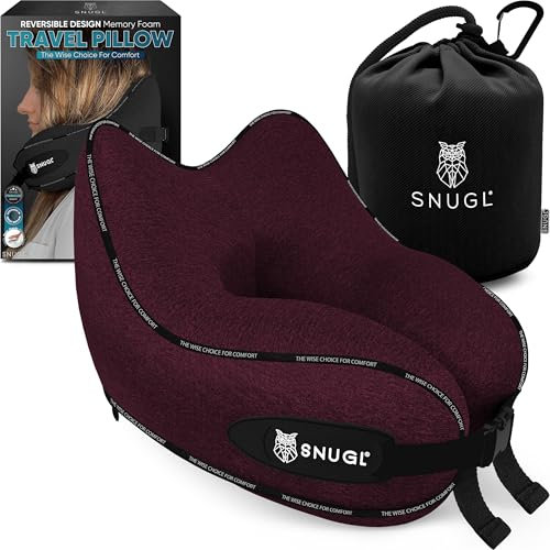 SNUGL Nackenkissen Flugzeug Memory Foam – Reisekissen Nackenhörnchen Waschbar – Nackenstützkissen & Kopfkissen für Reise, Auto, Zug, Bus – Ergonomisches Flugkissen für Erwachsene & Kinder (Dunkelrot)