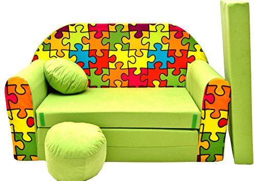 BDW Schlafsofa für Kinder mit Sitzhocker/Kissen, Coton, grün, 168 x 98 x 60 cm
