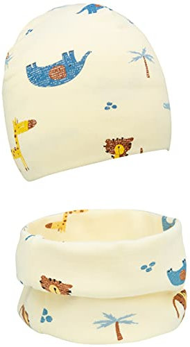 Foruhoo Baby Mädchen Beanie Mütze + Schlauchschal 2er Set, Wintermütze für Jungen Mädchen Baumwolle(53 und 54L,Beige Elefant)