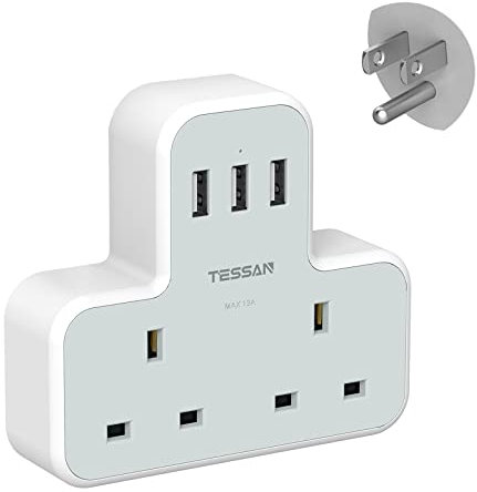 UK to US Plug Adaptor with 3 USB Ports, TESSAN 2 Way Grounded USA Travel Adapter, Double Plug Adaptor from UK to America, Canada, Thailand, Mexico (Type B)