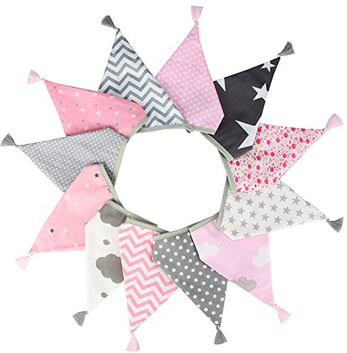 G2PLUS Stoff Wimpelkette mit Quasten, Rosa und Grau Stoffgirlande Beidseitig, 3.3M Stoff Wimpel Girlande mit 12 STK Farbenfroh Wimpeln für Hausbett, Kindergeburtstagsfeier Deko