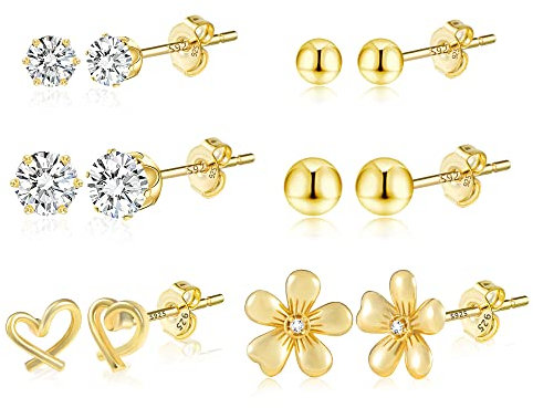 Ohrstecker Ohrringe Gold Damen, 6 Paar 14K Vergoldete Ohrstecker Kleine Gold Set, Sterling Silber 925 Ohrstecker Gold, Schläfer Knorpel Ohrstecker Ohrringe für Damen Mädchen