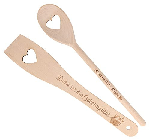 Spruchreif | 2er-Set Kochlöffel & Pfannenwender mit Gravur „Die Geheimzutat ist Liebe“ | Holz-Küchenhelfer mit Herzausschnitt für Familie & Freunde