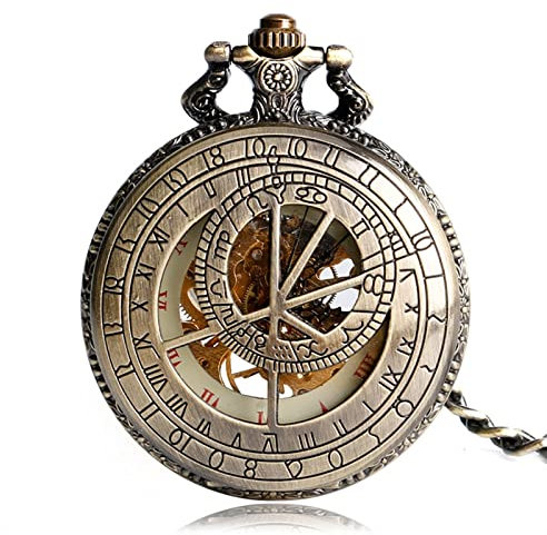 XOPIC Mechanische Taschenuhr mit Handaufzug for Herren, Retro, durchbrochener Kompass, Taschenuhren mit römischen Ziffern, Zifferblatt aus Bronze