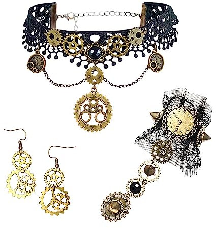 JeVenis Steampunk Damen Steampunk Accessoires Gothic Damen alskette Spitze Gotisch Choker Halskette Armbänder Steampunk Ohrringe Karneval Kostüm