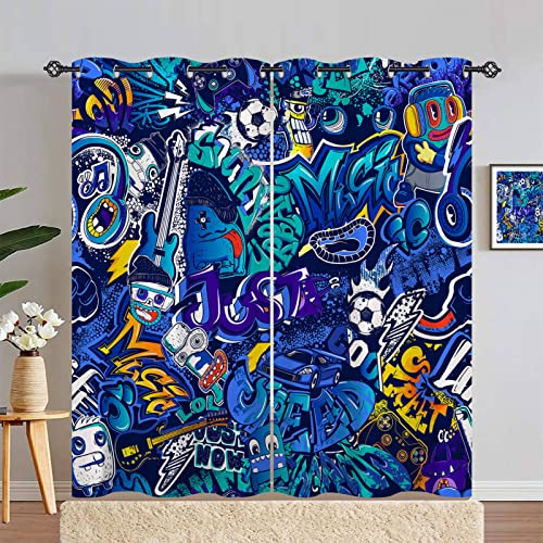 ANHOPE Graffiti Fußball Auto Gamepad Vorhänge mit Ösen Kinder Jungen Mädchen Gardinen Blickdichte Thermo Vorhang Blackout Curtain Schlafzimmer Wohnzimmer Verdunklungsvorhänge 2er Set H 229 x B 140 cm