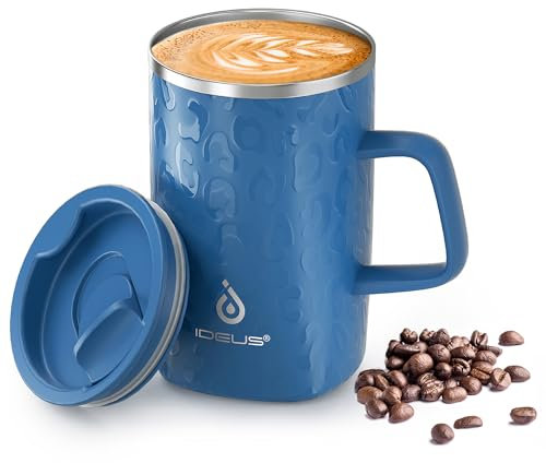 Ideus® Kaffeebecher 470 ml (16 oz), doppelwandige vakuumisolierte Kaffee- und Teetasse aus Edelstahl mit rutschfestem Griff und Schiebemoduldeckel und großem Volumen (Leapord Blau)