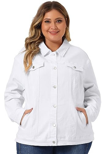 uxcell Women's Plus Size Jean Jacket Stitching Button Front Washed Western Outfit Denim Jacket, White, 4X