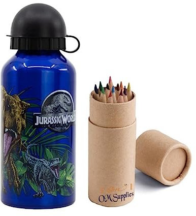 OM SUPPLIES Jurassic Characters Aluminium Sports Bottle 400ml - Holiday, Back to School Water Drinking Kids Lunch Children (Jurassic)