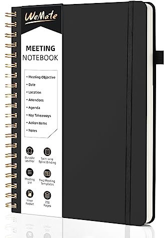 WEMATE 200 Seiten Meeting-Notizbuch für die Arbeit mit Maßnahmen, Bürobedarf für Besprechungsplaner, Besprechungsagenda-Aufzeichnungs-Spiralnotizbuch, B5 (26 × 18 cm) - Schwarz