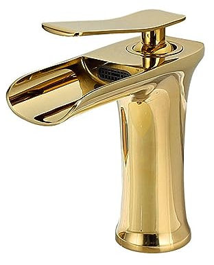 BiaoTeng Wasserhahn Bad Wasserfall Gold Einzelloch Mischbatterie Waschbecken Messing Armatur Waschbecken Wasserfall, Niedrig