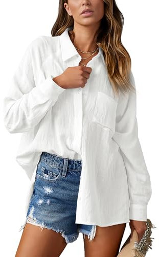 NONSAR Chemise élégante pour femme, col en V, chemise à manches longues, décontractée, à la mode, élégante, avec poche, Blanc, Large