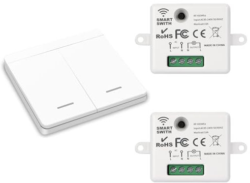 YOUNLEN Interrupteur d'éclairage sans fil, interrupteur de sécurité de l'émetteur RF et contrôleur de récepteur 10A, installation facile pour lampe jusqu'à 1500W(2 récepteurs et 1 commutateur)