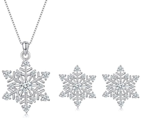 Bewenda Weihnachten Schmuckset für Damen, 925 Sterling Silber Schneeflocke Halskette & Ohrringe mit Zirkonia, Hypoallergen 45+5cm Anhänger Silberkette Weihnachten Ohrstecker, Schmuck Set zum Winter