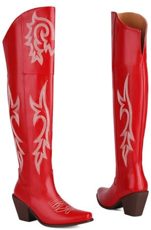 XZEIT Stivali da donna Stivali da cowboy Stivali sopra il ginocchio ricamati per feste Stivali alti alla coscia Ricami invernali Tacco grosso Punta a punta Boemia Cerniera in PU,Rosso,39 EU