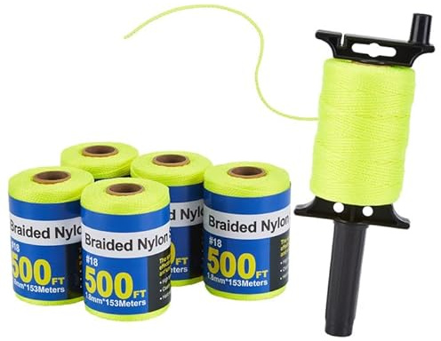 6 Roll Mason Line String Line - #18 Braided Nylon String - 500 Ft Length - Nylon with Reloadable Line Reel Twine for Gardening Or Masonry Tools - Perfect Construction String (Yellow)