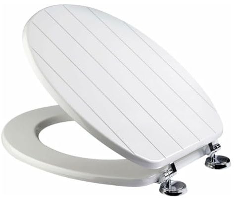 ADEPTNA Luxury Durable 18 Toilet Seat - Adjustable to Fit Most Toilets, Oval Seat Hinges and Parts Bathroom Wooden MDF Toilet Seat - Easy to Clean and Install (White Groove)