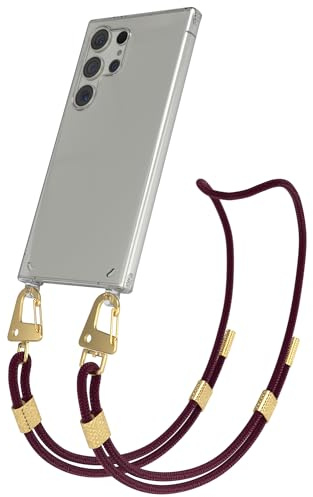 EAZY CASE - Handykette mit Karabiner kompatibel mit Galaxy S24 Ultra - Hülle Silikonhülle Fallschutz transparente Handyhülle Kette zum Umhängen Schutzhülle in Beere - Clips Gold
