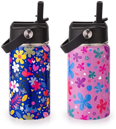 Kids Insulated Water Bottle, 2 Pack 12oz Flower Water Bottles Bulk with Flip Straw & Big Handle, 18/8 Stainless Steel, Gifts for Kids Girls to School Travel Sports, Hands Wash Only, Pink & Blue