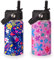 Kids Insulated Water Bottle, 2 Pack 12oz Flower Water Bottles Bulk with Flip Straw & Big Handle, 18/8 Stainless Steel, Gifts for Kids Girls to School Travel Sports, Hands Wash Only, Pink & Blue