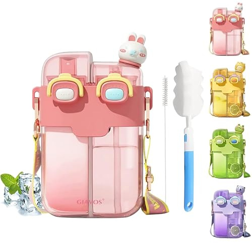 Hi-Y2Kgirls Kawaii Water Bottle with Straw, BPA-free Cute Water Bottles with Kawaii 3D Stickers, Portable Double Chamber Bottle with Leakproof Cap and Adjustable Strap, 26 oz (Pink(Rabbit))