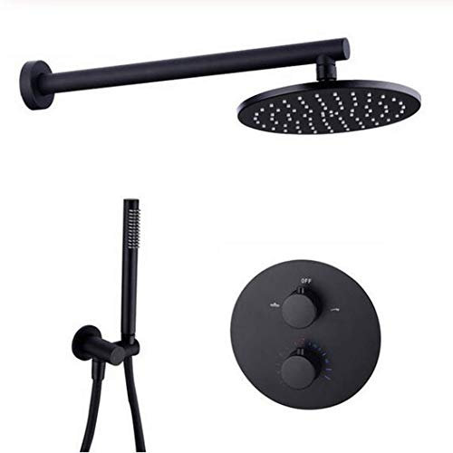 XUSHIQMG Duschsystem, Messing-Schwarz-Duscharmaturen 8-12 Regenduschkopf Badezimmer-Duschset Umsteller 2- und 3-Wege-Thermostatventil mit Handbrause, Luxus-Duschset, 10 Zoll
