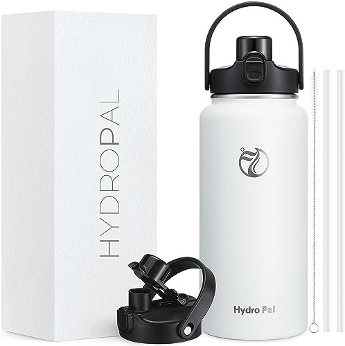 HydroPal Trinkflasche Edelstahl - 1200ml/1900ml mit Strohhalm und Henkel, BPA-Frei, Kohlensäure geeignet, flasche Metall, Aesthetic trinkflasche für Fitnessstudio (Winterweiß, 1200ml)