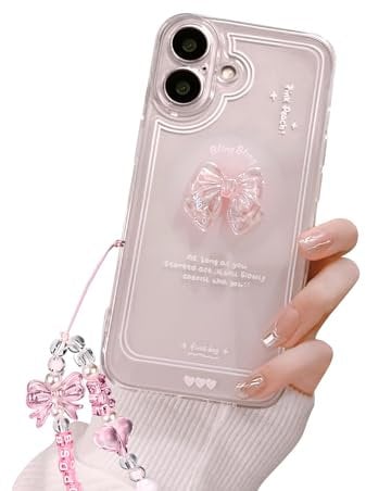 Reownest for iPhone 16 Case, Cute 3D Pink Bowknot Soft Clear Sparkly Glitter Aesthetic Design Women Girls Phone Cover +Crystal Sparkle Chain