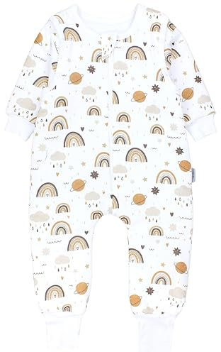 TupTam Baby Schlafsack mit Füßen und Ärmeln – Ganzjahres Schlafsack Baby 2.5 TOG, OEKO-TEX zertifiziert, Farbe: Regenbogen Planeten Braun Beige, Größe: 116-122