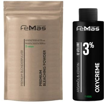 FemMas Blondier-Set: Premium Blondierpulver 100g & Oxycreme 100ml| Perfektes Starter Set für blonde Haare | für bis zu 9 Tonstufen hellere Haare in Salon Qualität (Blond, 3%)
