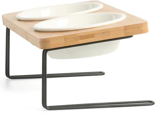 Raised Cat Bowls, Small Dog 15° Tilted Elevated Food Feeding Dishes, Elevated Cat Ceramic Bowls, Protect Spine Wood Stand with Metal Frame and Two Bowls for Food & Water (Ceramic Bowls)