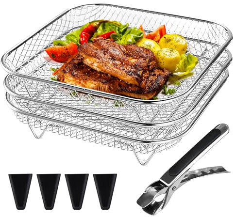 BORDEAG Air Fryer Rack, Triple Air Fryer Rack, 3-Layer Stackable Air Fryer Shelf with 4 Silicone Feet, 3 Layers Stackable Air Fryer Rack for Oven, Airfryer Accessories, Square