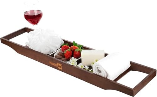 Homiu Plateau de bain en bambou | Étagère de bain sur la salle de bain, la maison, le spa, le bain, les livres, les verres à vin, les bougies, les lattes | Organiseur de rangement pour accessoires de