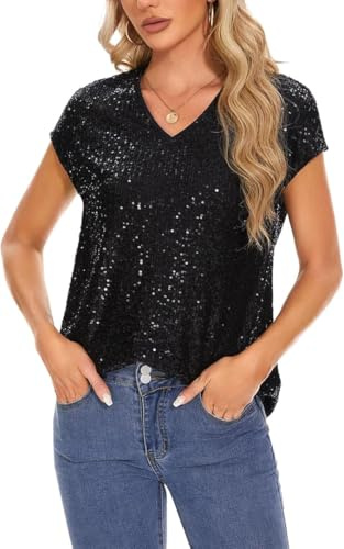 Kyzoeyou Tops for Women Sequin Sparkly Shirts Cap Sleeve V Neck Blouse Glitter Sequined Tunic Top Loose Casual Party