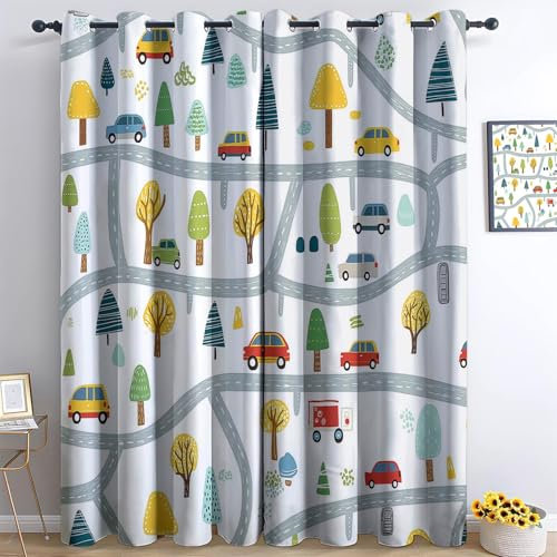 Generisch Blickdicht Vorhang Ösenschal Verdunkelungsvorhang 3D Cartoon-Auto-Straßenkarte Gardinen Kinderzimmer Wohnzimmer Thermovorhang Polyester H183 x B117 cm 2Er Set