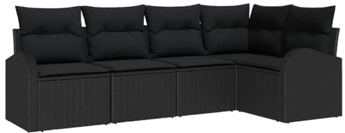 vidaXL Garten-Sofa-Set mit Kissen 5 pcs Schwarz Poly Rattan, Garten und Terrasse, modernes Lounge-Set, strapazierfähige rechteckige Sectional, verstellbare Füße, UV-beständig
