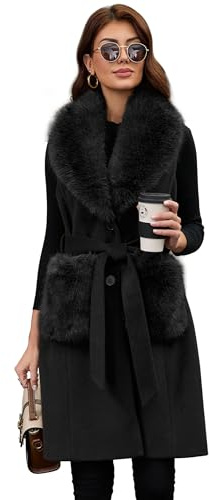 PAPILLON D'OR Gilet lungo da donna in lana con cintura e colletto staccabile in pelliccia sintetica e tasche, classico cappotto senza maniche con bottoni