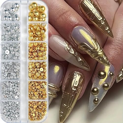 GZMAYUEN 3D Flatback Perlen Silber und Golden, 3D Halbperlen für Nägel Flatback Perlen Nagelperlen für Nailart