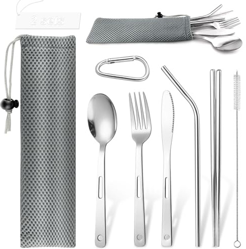 WZYTEU Lot de 16 couverts de voyage en acier inoxydable avec sac pour voyage, camping, pique-nique, école et restauration