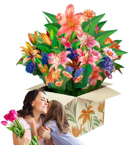 Pop Up Blumen, Pop-Up Blumenstrauß, 3D Klappkarte | Rose/Lilie/Sonnenblume/Tulpe, Glückwunschkarte, Muttertagskarte, Jubiläumskarte, b